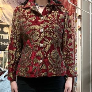 Gold/red velvet floral button up
